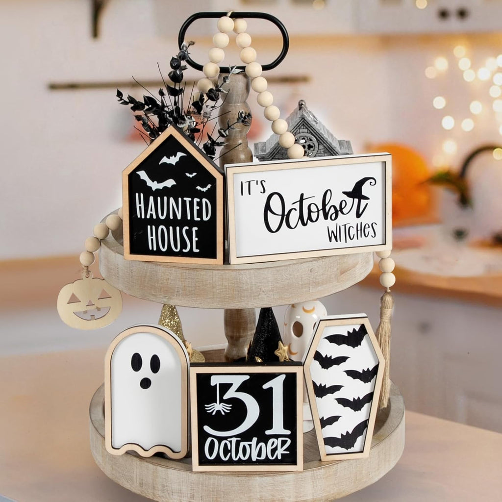 6-Piece Halloween Decor, Cute Wooden Halloween Decoration Indoor Tabletop Signs Farmhouse Rustic Tiered Tray Decor Halloween Party Decorations