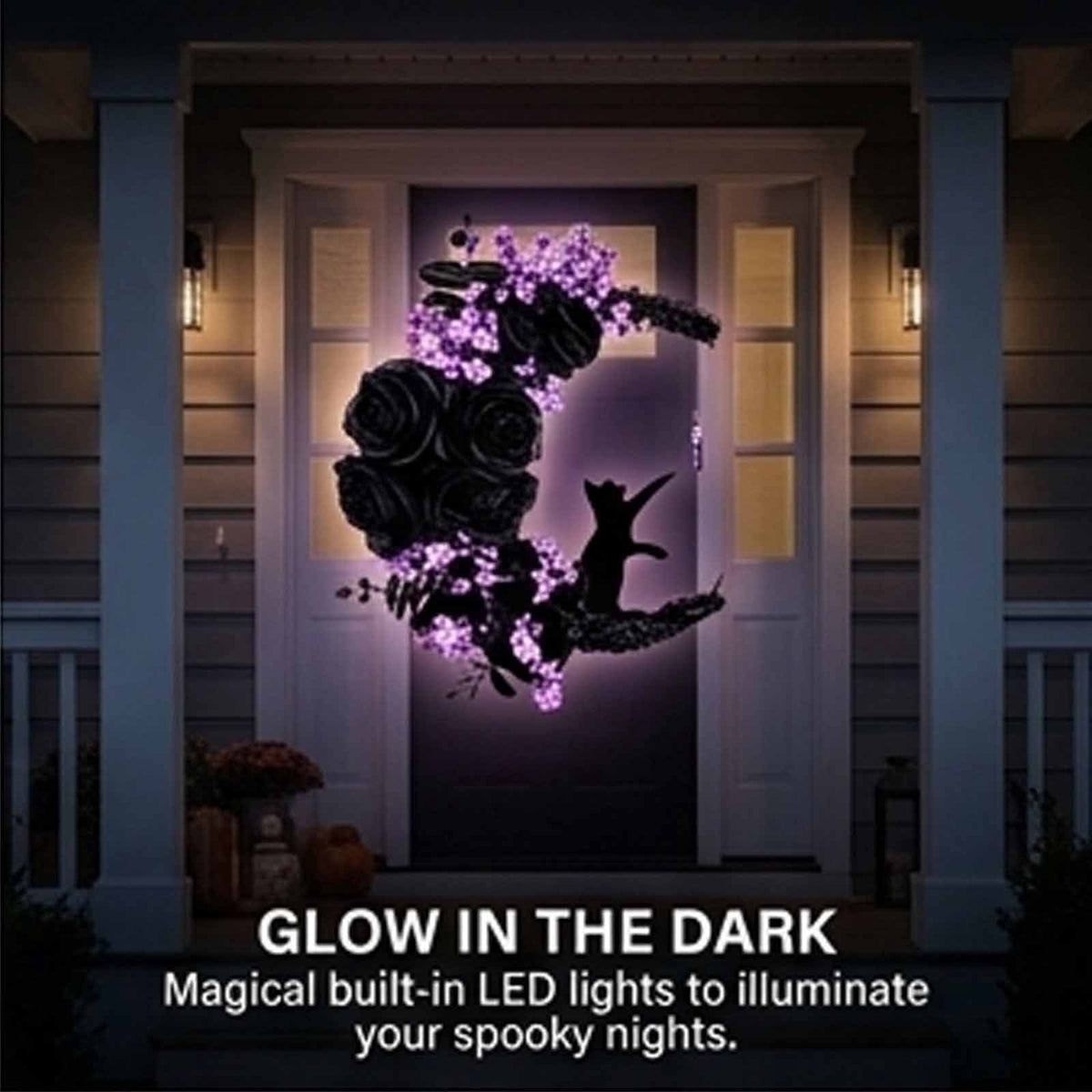 Magical Halloween Moon Cat Wreath Light up Door Crescent Floral Spooky Ruffled Fabric Porch Entryway Home Decor Wreaths Gothic Black Rose Elegant Hanging Decorations for Front Door
