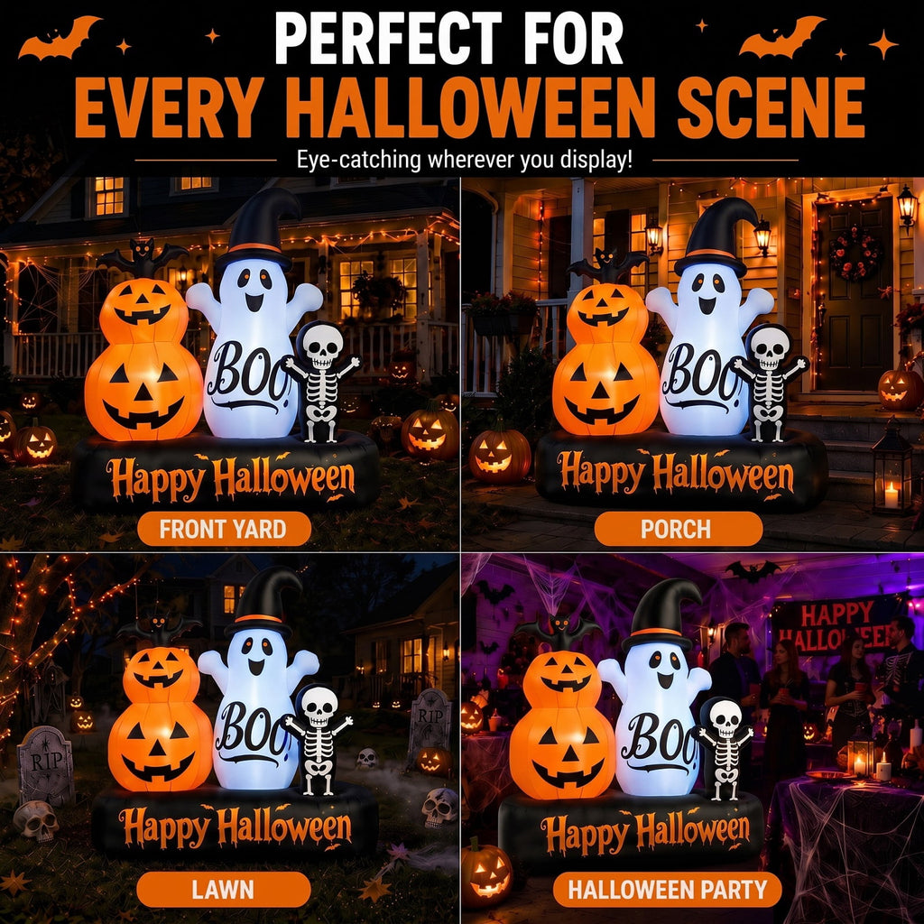 6ft Halloween Inflatable Outdoor Decorations, Lighted Pumpkin Ghost Skeleton with Bat, Built-in LED Lights, Blow Up Halloween Yard Decoration for Lawn, Porch & Party