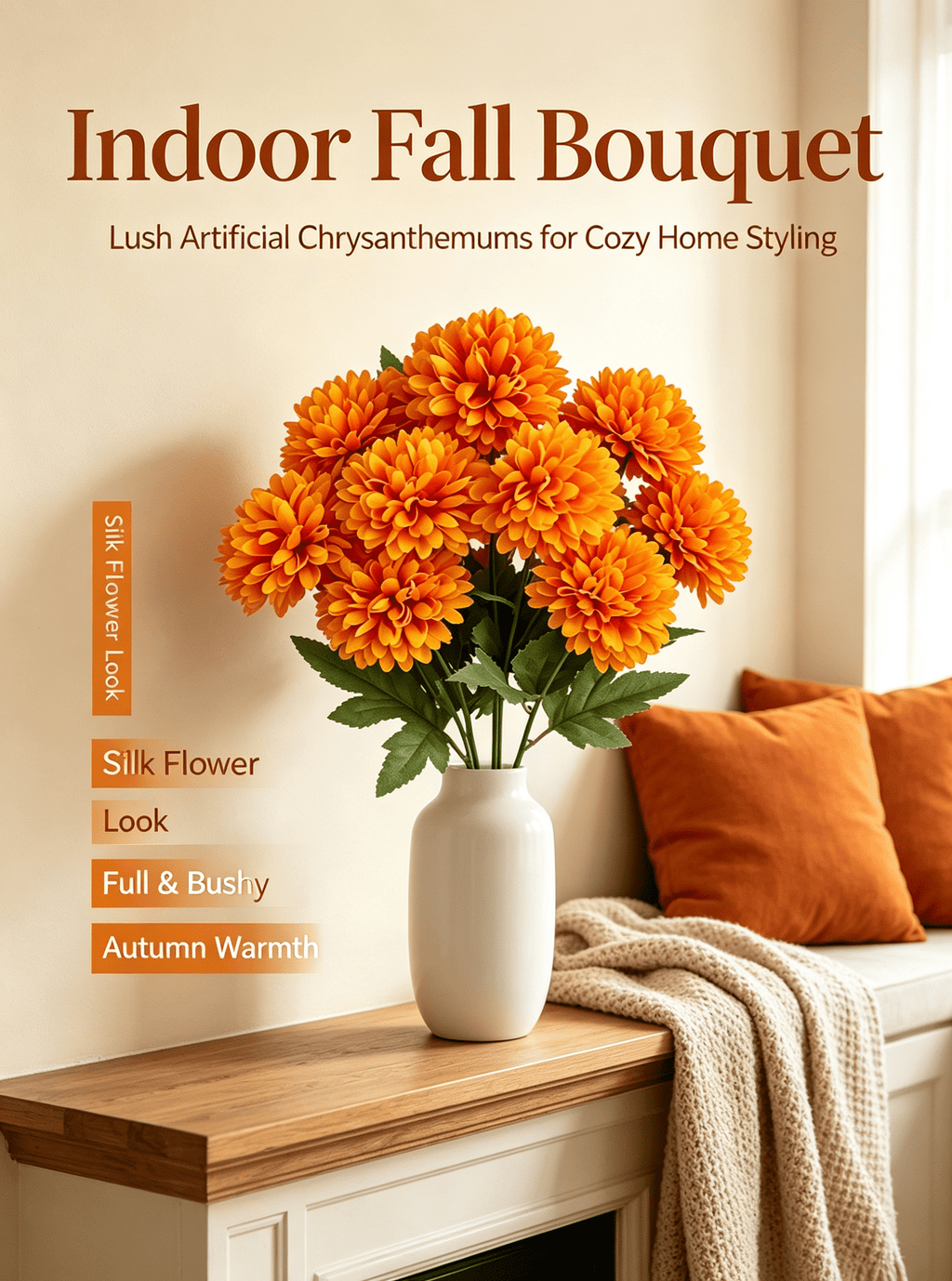 1Pack Faux Fall Mums for Outside Artificial Mums Outdoor Clearance Chrysanthemum Bush Silk - Orange Fall Decorations for Home Fall Wedding Flowers