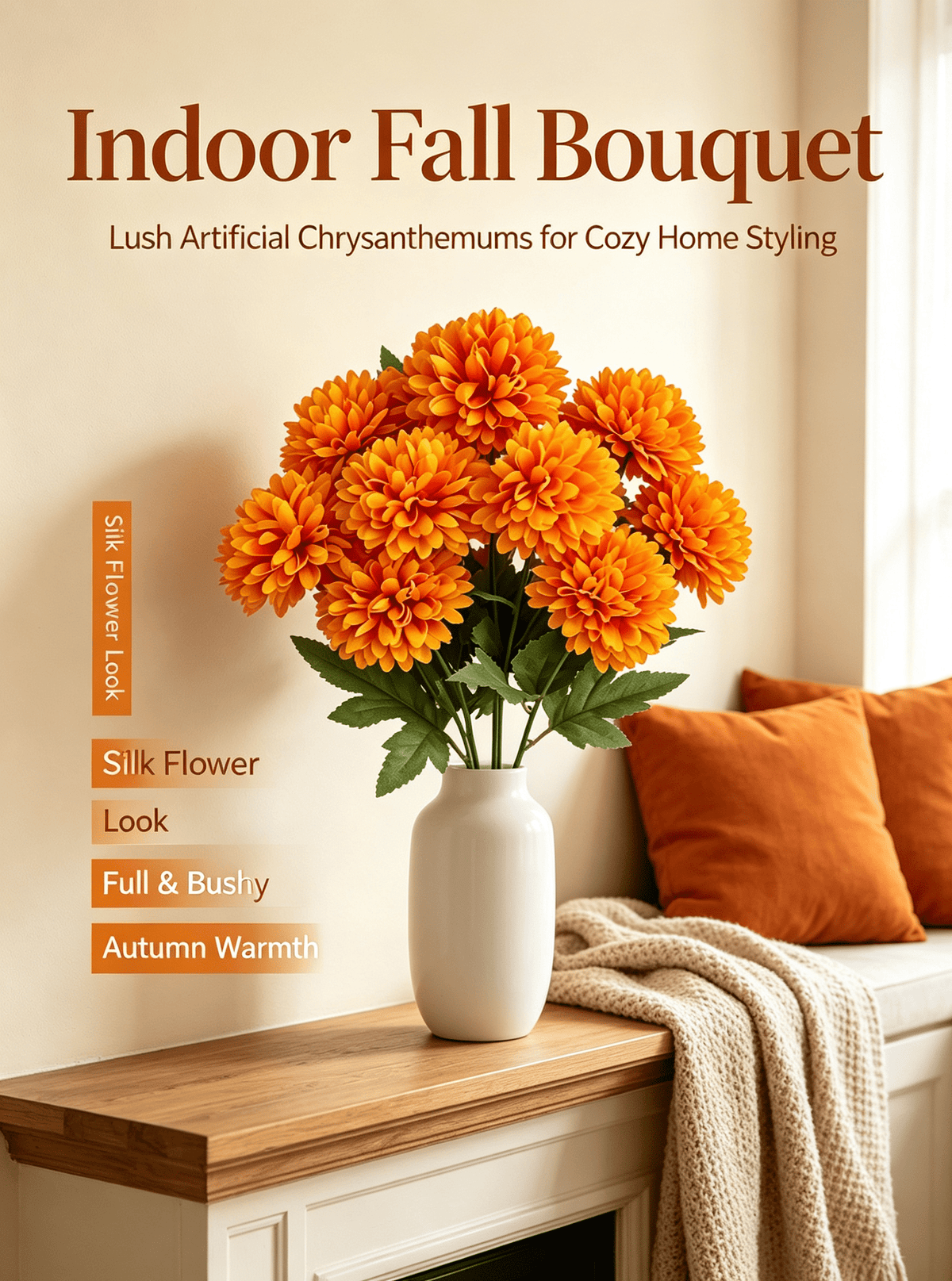 1Pack Faux Fall Mums for Outside Artificial Mums Outdoor Clearance Chrysanthemum Bush Silk - Orange Fall Decorations for Home Fall Wedding Flowers