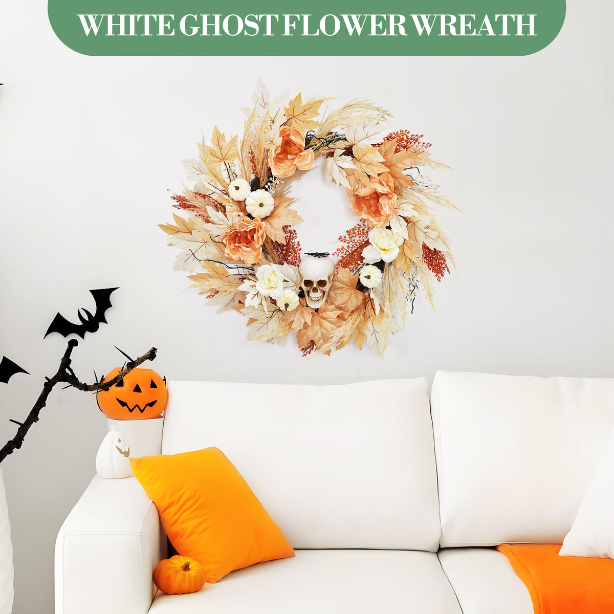 24 in Halloween Wreaths for Front Door.Fall Pumpkin Maple Leaves Wreath with Spooky Skeleton.Fall Halloween Door Decor. Outdoor Wreath for Porch Wall Window Decorations
