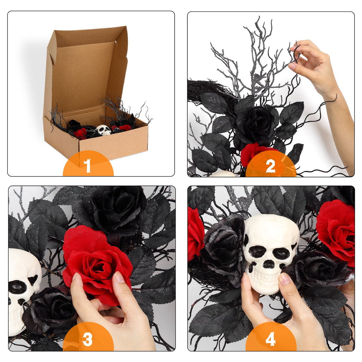 Adeeing Halloween Wreath 20 Inch Artificial Halloween Skull Wreath Decoration with Roses, Branches for Front Door Home Door Wall