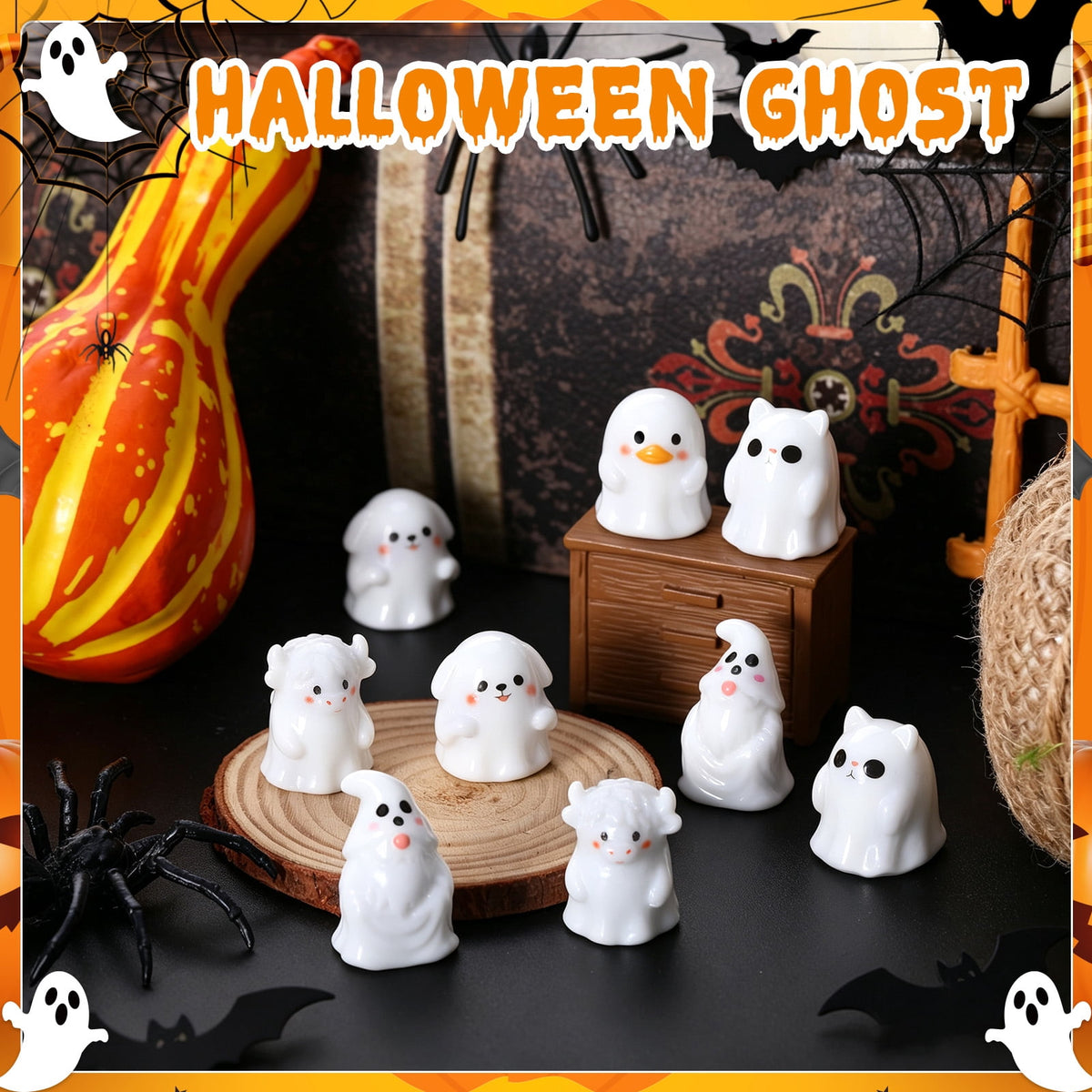 sixwipe 50 Pcs Mini Resin Ghosts, Small Ghost Figurines, Halloween Decorations for Spooky Tiered Tray Decor, Vase Filler, Home Tabletop Shelf Centerpieces, Party Favors Gift