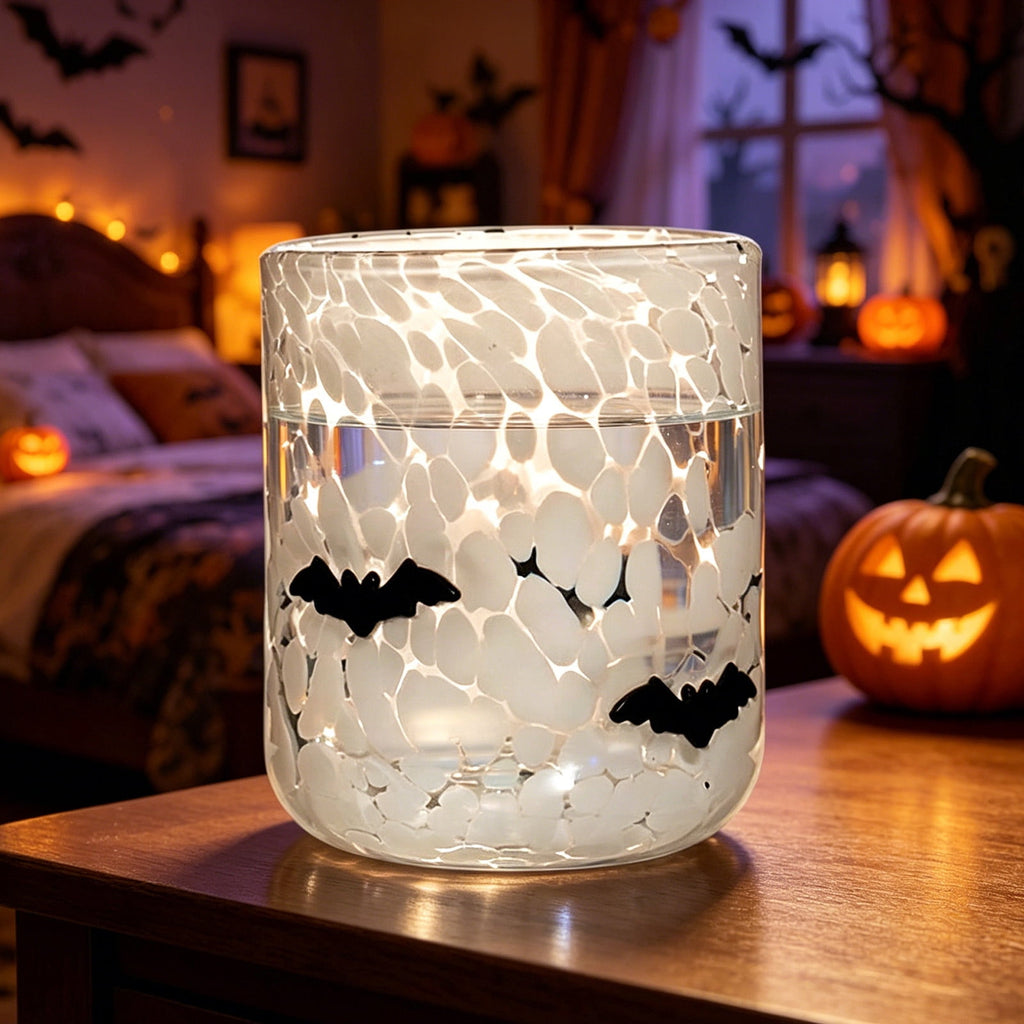 Qocolcyl Halloween Icon Glass Cups - 3.5x4.7in Ghost Bat Snake Pumpkin Icon Juice Stemless Wine Glasses Double Old Fashioned Hand Blown Drinking Cups for Halloween Party Gift