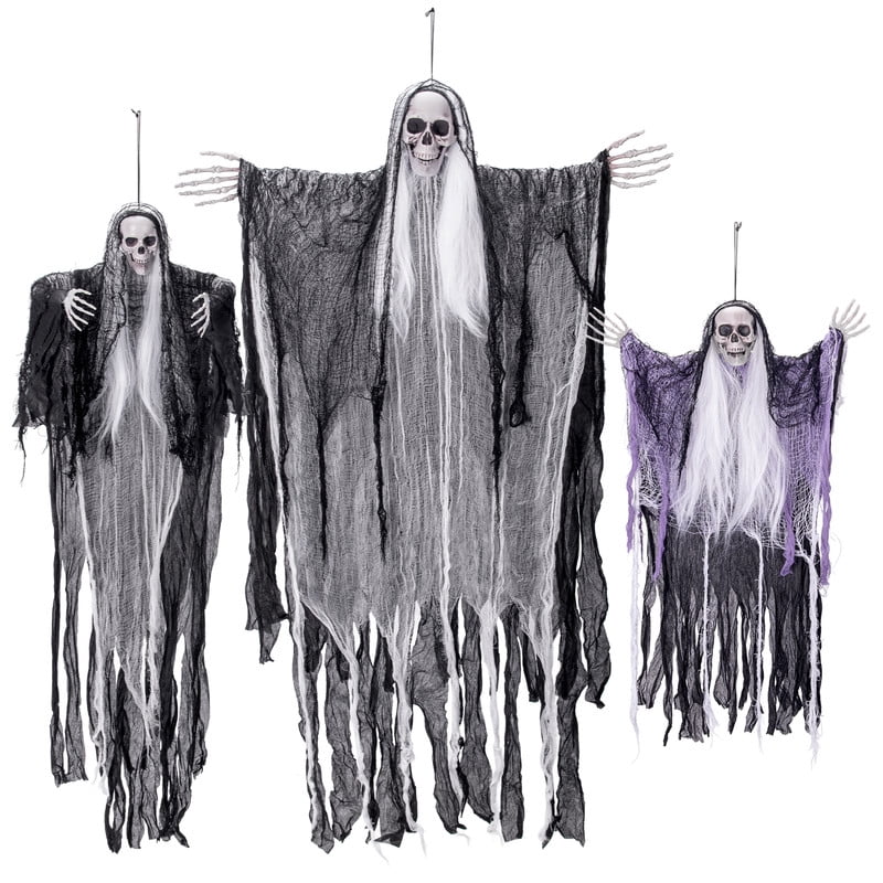 DUNCHATY 3 Pack Hanging Ghosts – 38" & 50" & 58" Outdoor Halloween Decorations with Poseable Arms for Yard, Tree, Porch & Haunted House
