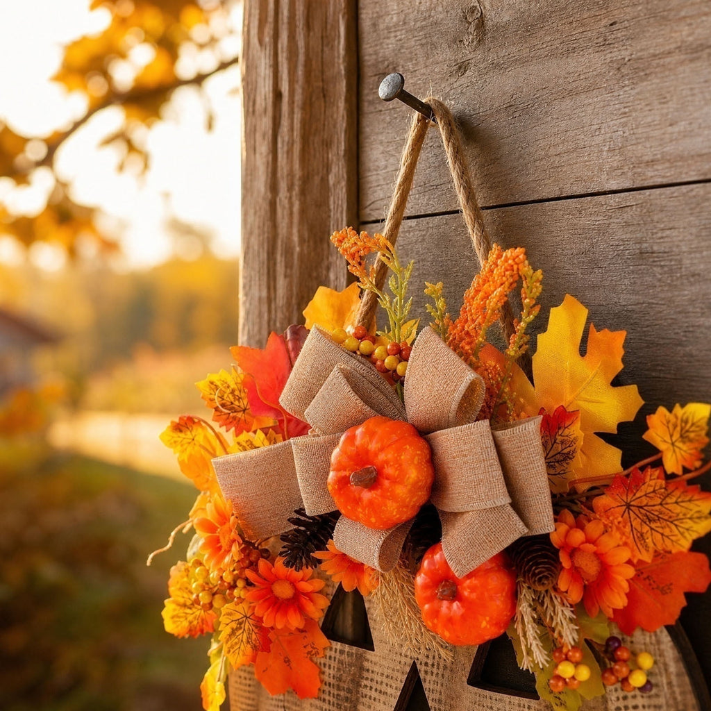 Rwvbm Plastic Artificial Fall Wreath, Faux Pumpkin Maple Leaf Floral Garland for Front Door Wall Thanksgiving Halloween Home Decoration, 13.8in