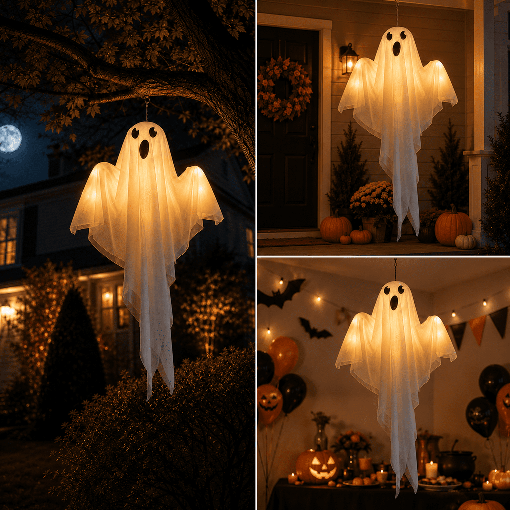 Clearance Light Up Hanging Ghost Decor, White Gauze Ghost Ornament with Blue LED Lights, Halloween Hanging Decoration for Front Door Porch Yard Tree Party Indoor Outdoor