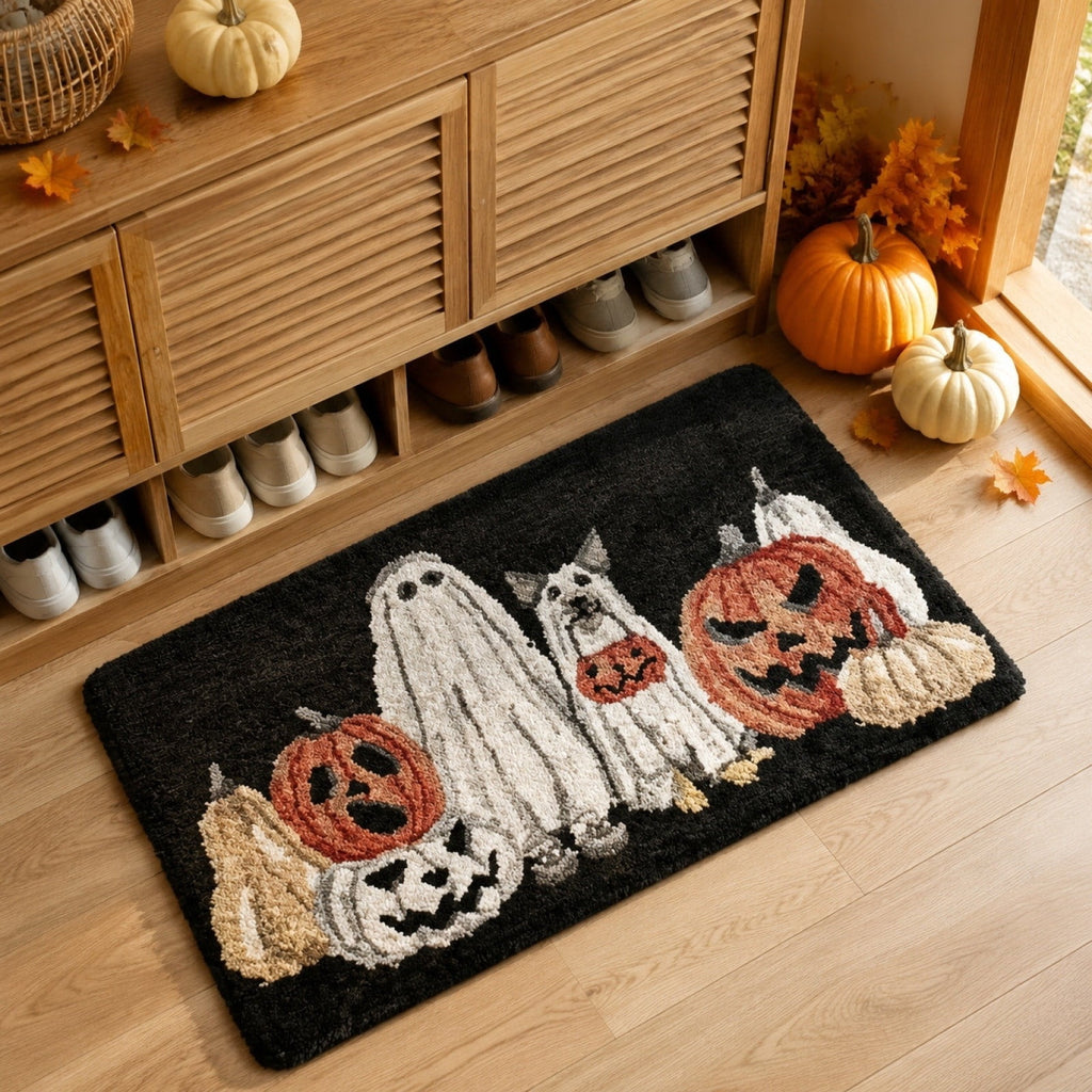 Halloween Ghost Dog Pumpkin Doormat,16x24 Inch Non-slip Black Front Door Rug,Spooky Fall Seasonal Entryway Floor Mat for Farmhouse Porch Holiday Decor