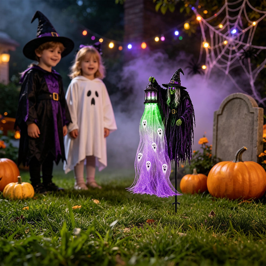 Solar Halloween Metal Moon Black Cat Garden Stake with LED Pumpkin Lantern, Light Up Star Bat Yard Decor Stake, Spooky Outdoor Lawn Pathway Halloween Decoration
