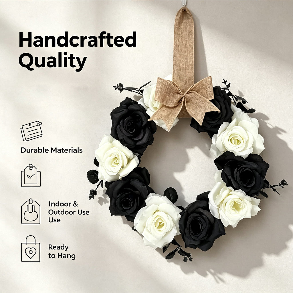Halloween Rose Wreath, 11.81 Inch Black & White Artificial Flower Wreath with Burlap Bow, Gothic Front Door Wall Hanging Decor for Fall Autumn Home, (1PC)