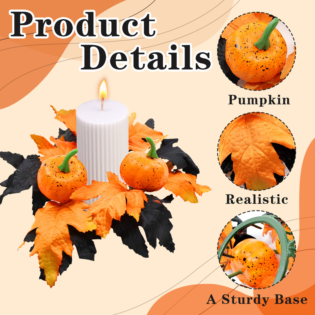 Halloween Candle Ring Wreath Halloween Table Centerpiece Black Orange Spooky Table Top Decoration Small Taper/Pillar Candle Rings Center for Party Favors 4 Pcs Design1