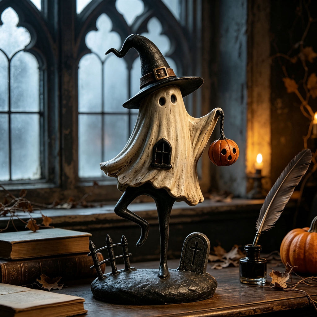 Halloween Ghost Figurine, Ghost Girl with Pink Bow & Hot Drink, Funny Ghost Statue Halloween Decor for Gift, Cute Spooky Tabletop Ornament for Home, Mantle, Desk & Party Decoration