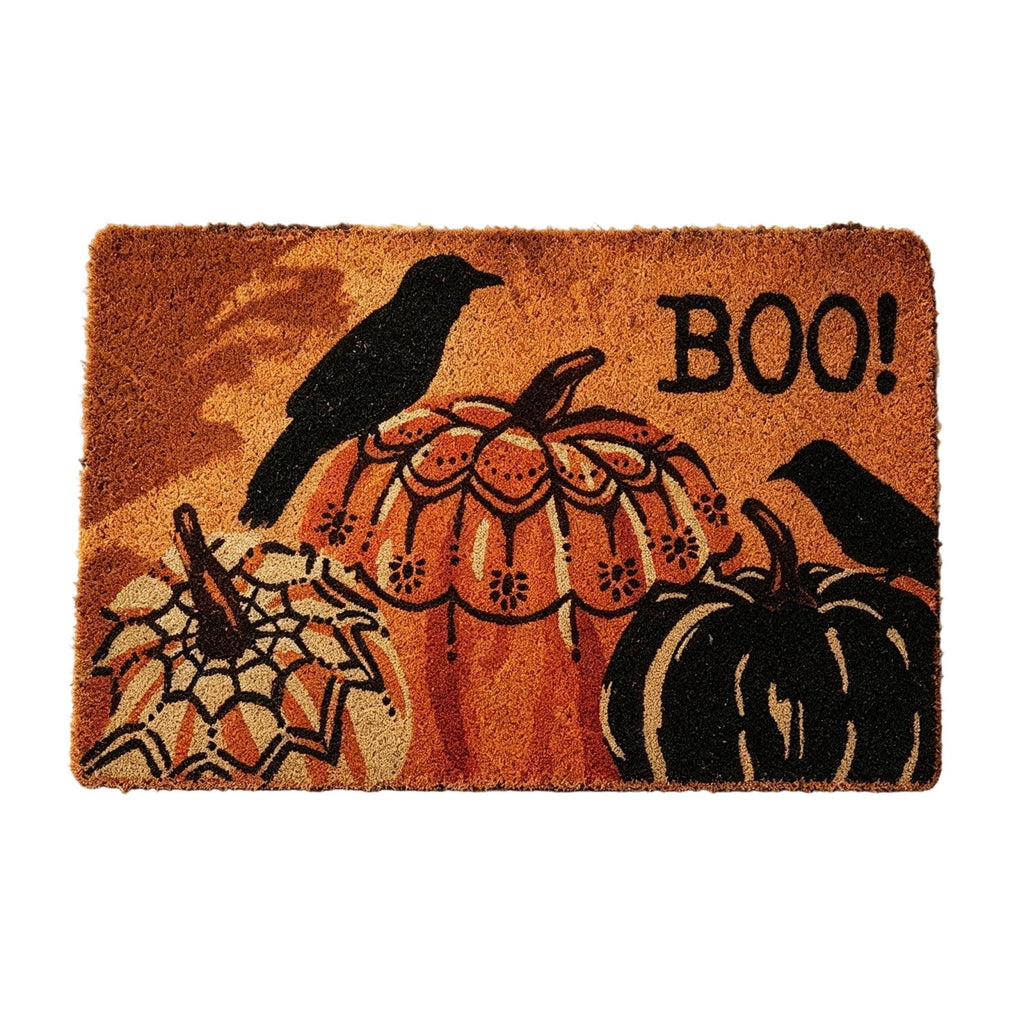 Fllostpr Halloween Pumpkin & Crow Welcome Doormat for Front Door, Non-Slip Vintage Brown Coir Floor Mat for Outdoor Porch Entryway Decor,16x24 Inch