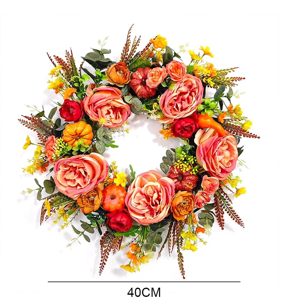 Yucurem Fall Peony Pumpkin Wreath for Front Door, 15.74" Artificial Autumn Harvest Pumpkin Wreath for Halloween Thanksgiving Harvest Mantle Porch Wall Window Decor