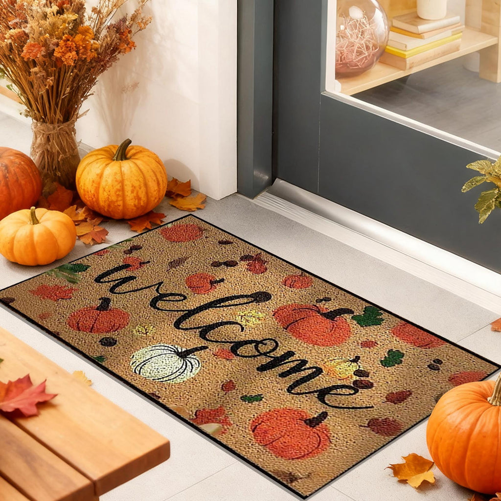 JoyMoreHome Fall Welcome Doormat, Fall Leaves Front Door Mat, Indoor Outdoor Entrance Floor Mats, Non-Slip Washable Thanksgiving Halloween Home Decor Mat