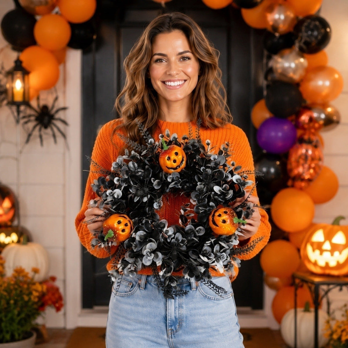 12 Inch Black Eucalyptus Halloween Wreath, Artificial Floral Door Wreath with Pumpkin Cutouts for Front Porch Indoor Door Halloween Party Gothic Home Decor