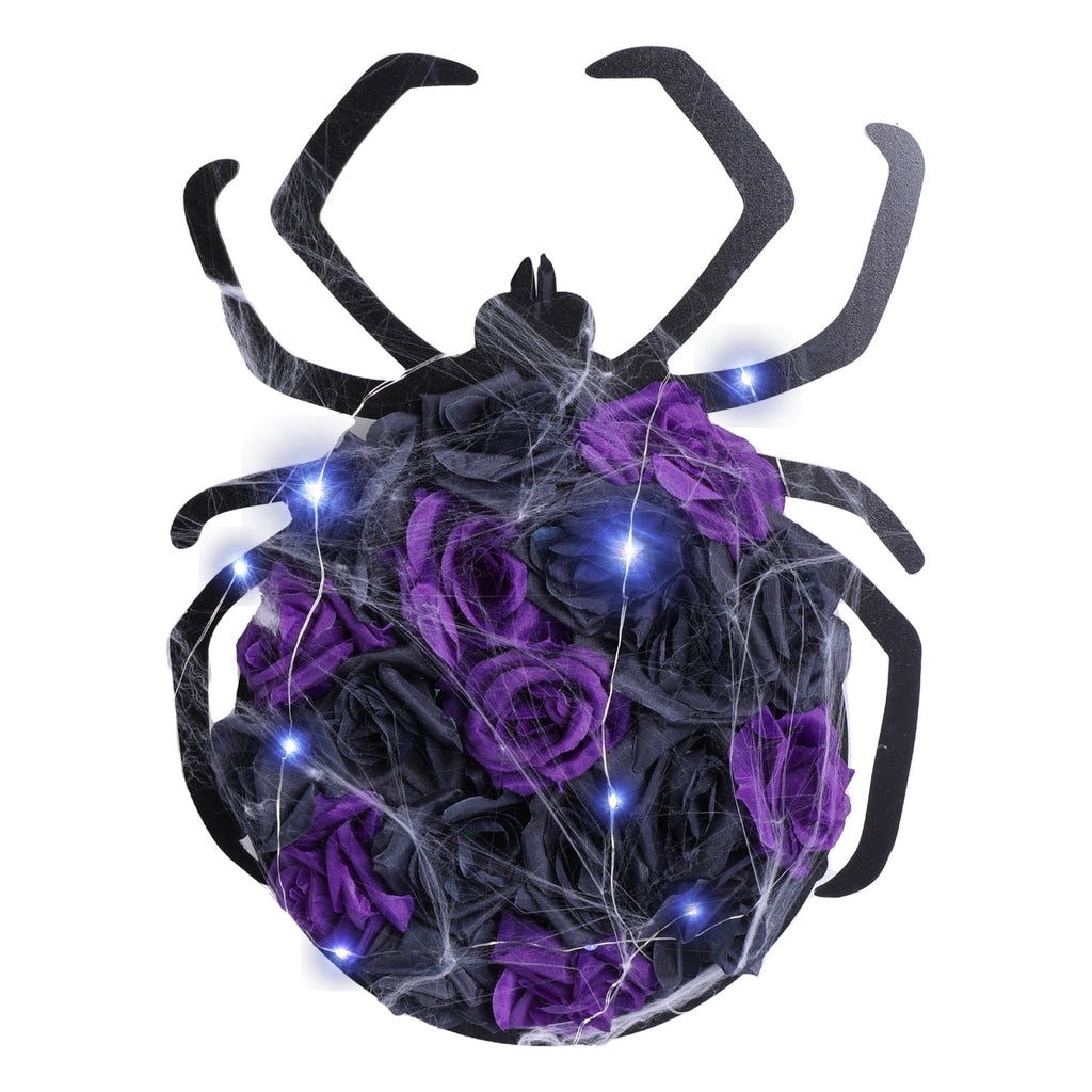 XEAZON Halloween Spider Decorations with Cobweb,Artificial Purple Rose Flower Spider Wreath for Front Door Hanging Decor,Halloween Party Indoor Outdoor Decor Hanger,Halloween Accessories with Lights