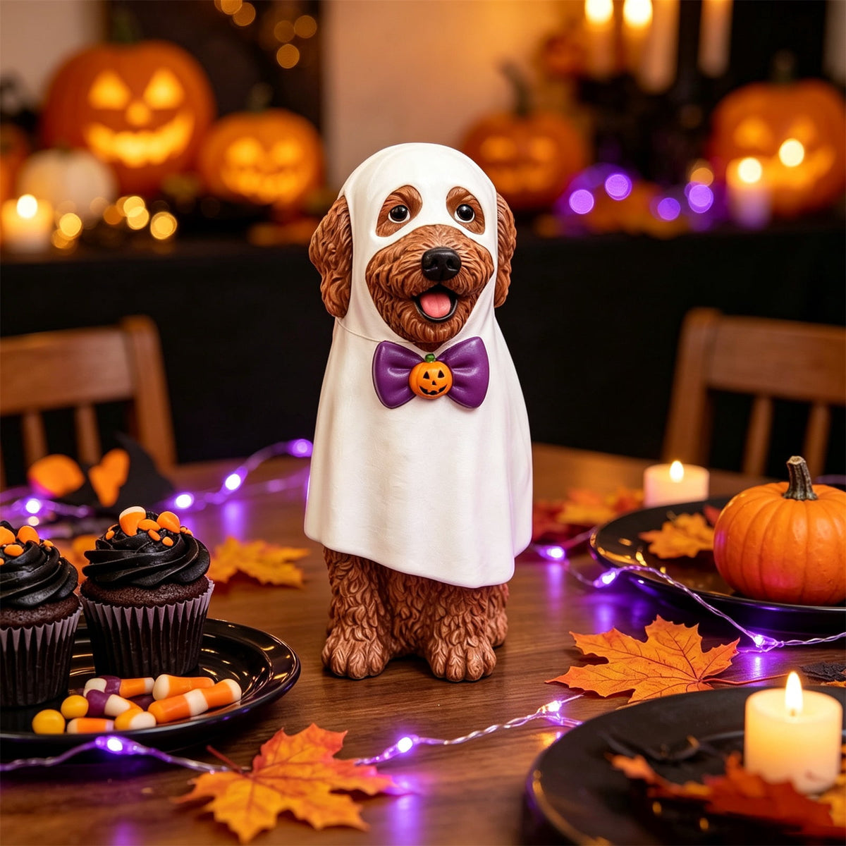 2026 New Halloween Light‑Up French Bulldog Figurine, Shark Outfit Dog Statue with Glowing Pumpkin, Waterproof Resin Table Holiday Decorations, Cute Spooky Halloween Decorations for Porch Yard Home