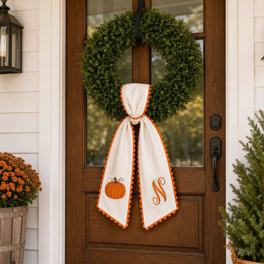 erdimoy Fall Pumpkin Monogram Wreath Sash, 50 Inch Embroidered Wreath Ribbon with Pom Pom Trim, Autumn Harvest Front Door Wreath Decor for Thanksgiving Halloween