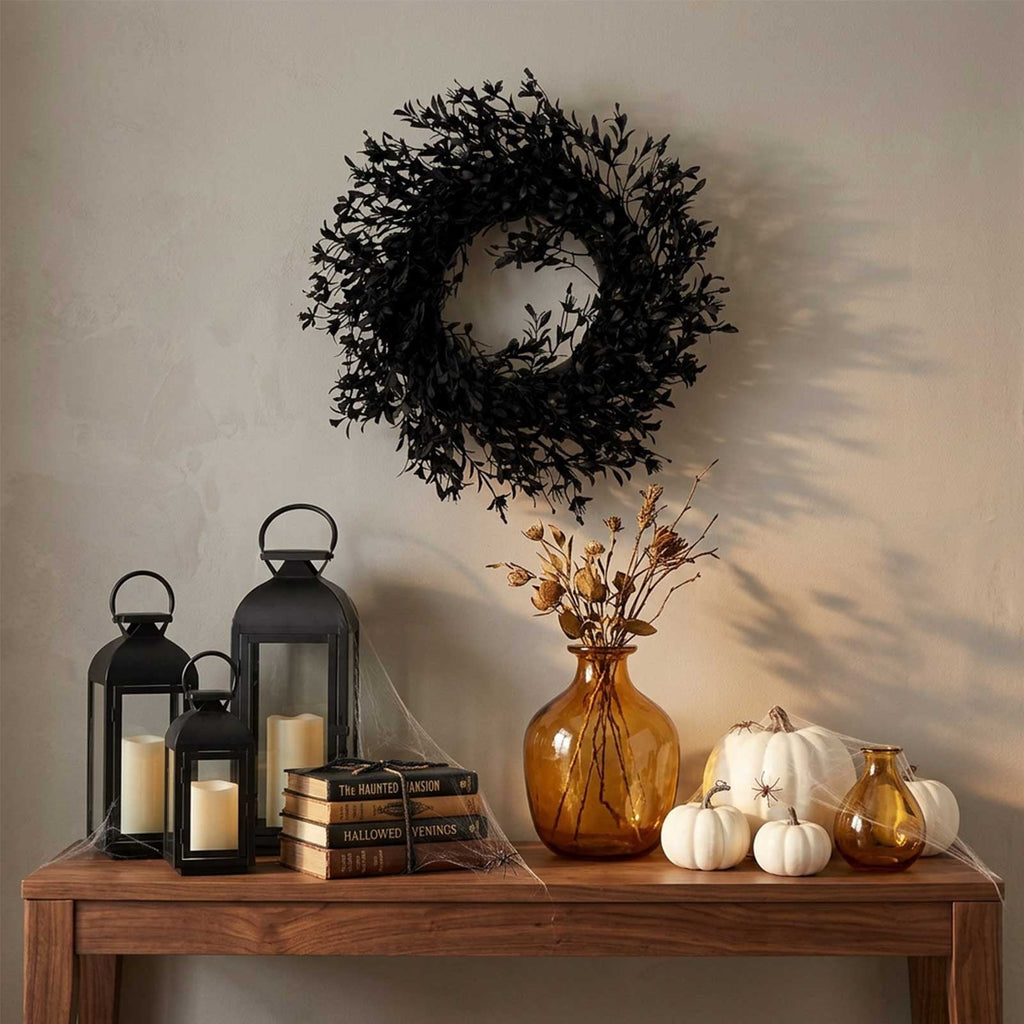 Winter Poetry Upgrade Halloween Thanksgiving Black Wreath, 11.81in Artificial Plant Garland, Waterproof Reusable Door Wall Festival Decor