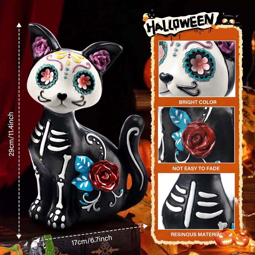 Ayieyill 2pcs Halloween Cat and Skeleton Figurines Vintage Halloween Black Cat Decor Halloween Table Decorations