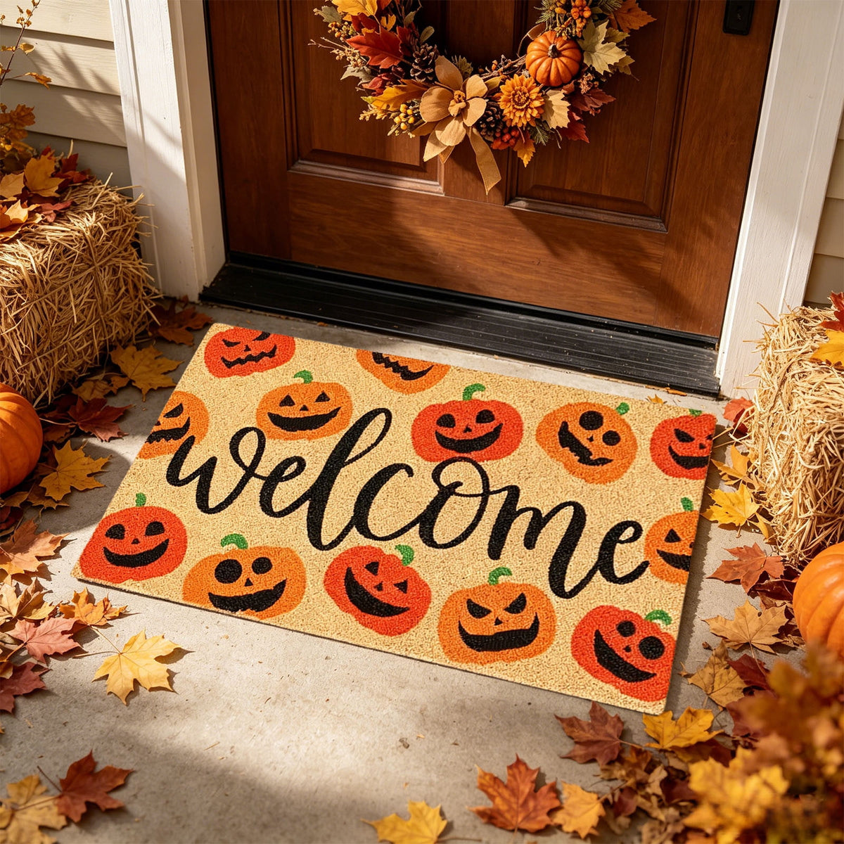 Fllostpr Halloween Pumpkin & Crow Welcome Doormat for Front Door, Non-Slip Vintage Brown Coir Floor Mat for Outdoor Porch Entryway Decor,16x24 Inch