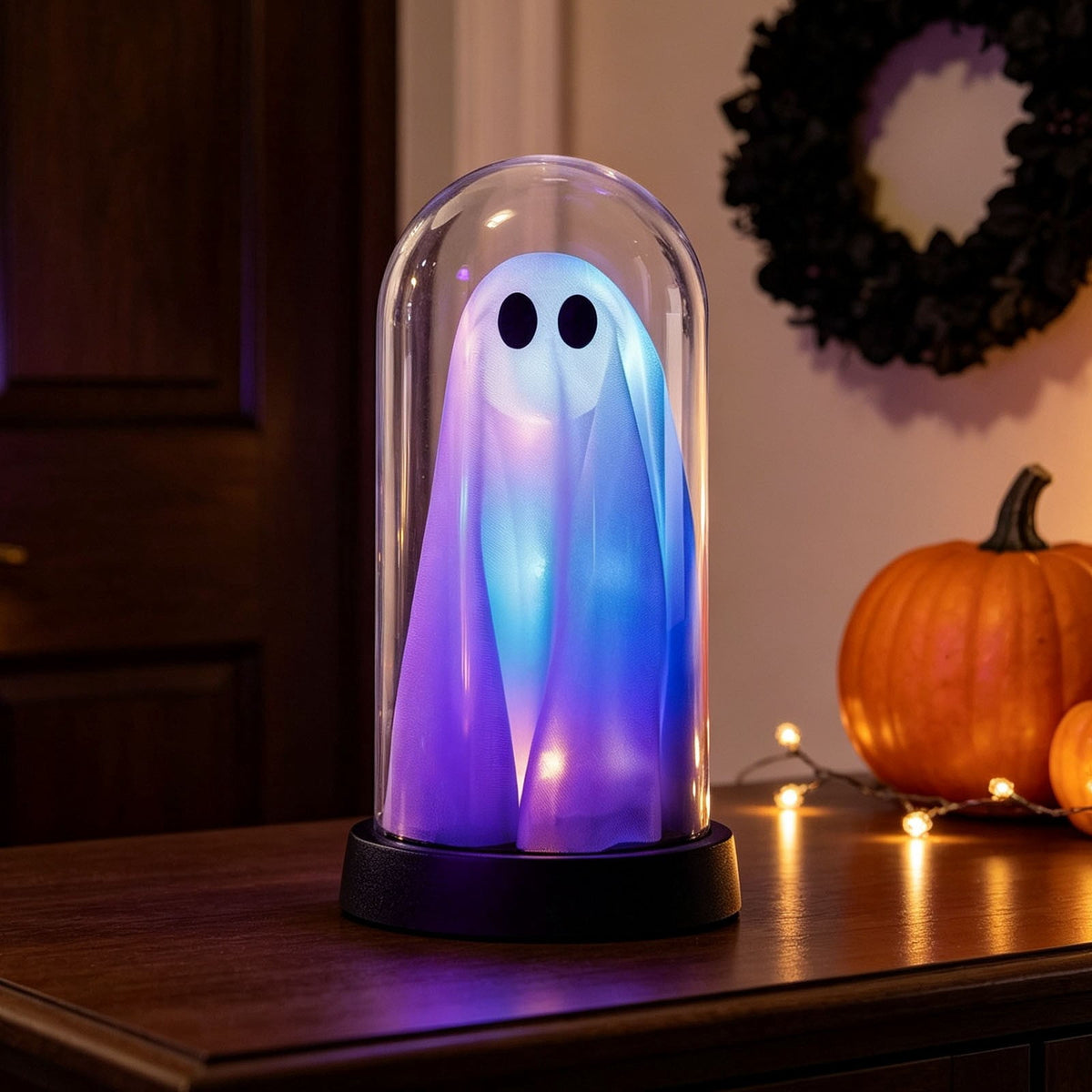 Orangide Halloween Ghost Cloche Night Light Fabric Ghost Lamp with Glass Dome for Mantel Shelf Spooky Party and Home Decor Ornament