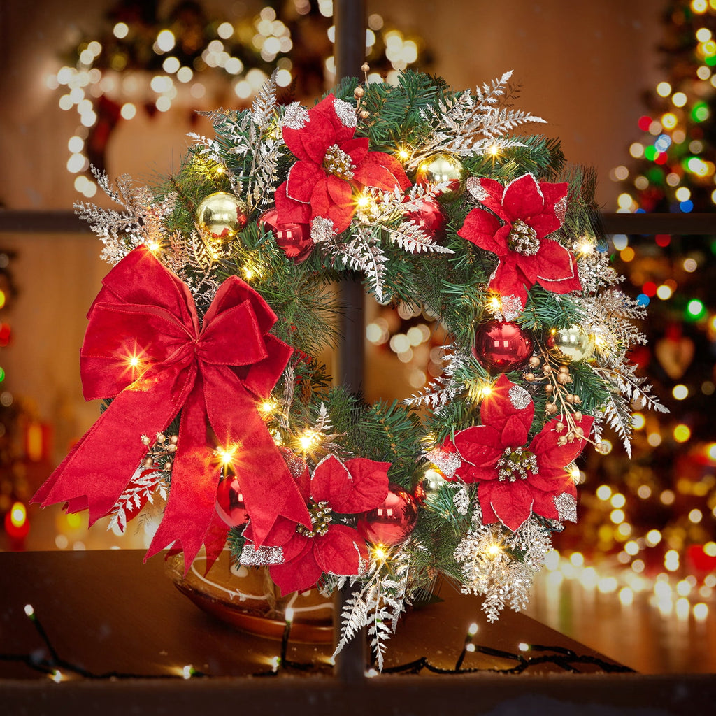 JoanKaren 24 inch Large Christmas Wreath Silver White with 20 LED Lights,Prelit Xmas Wreath w/ Ball Ornaments Pine Cone