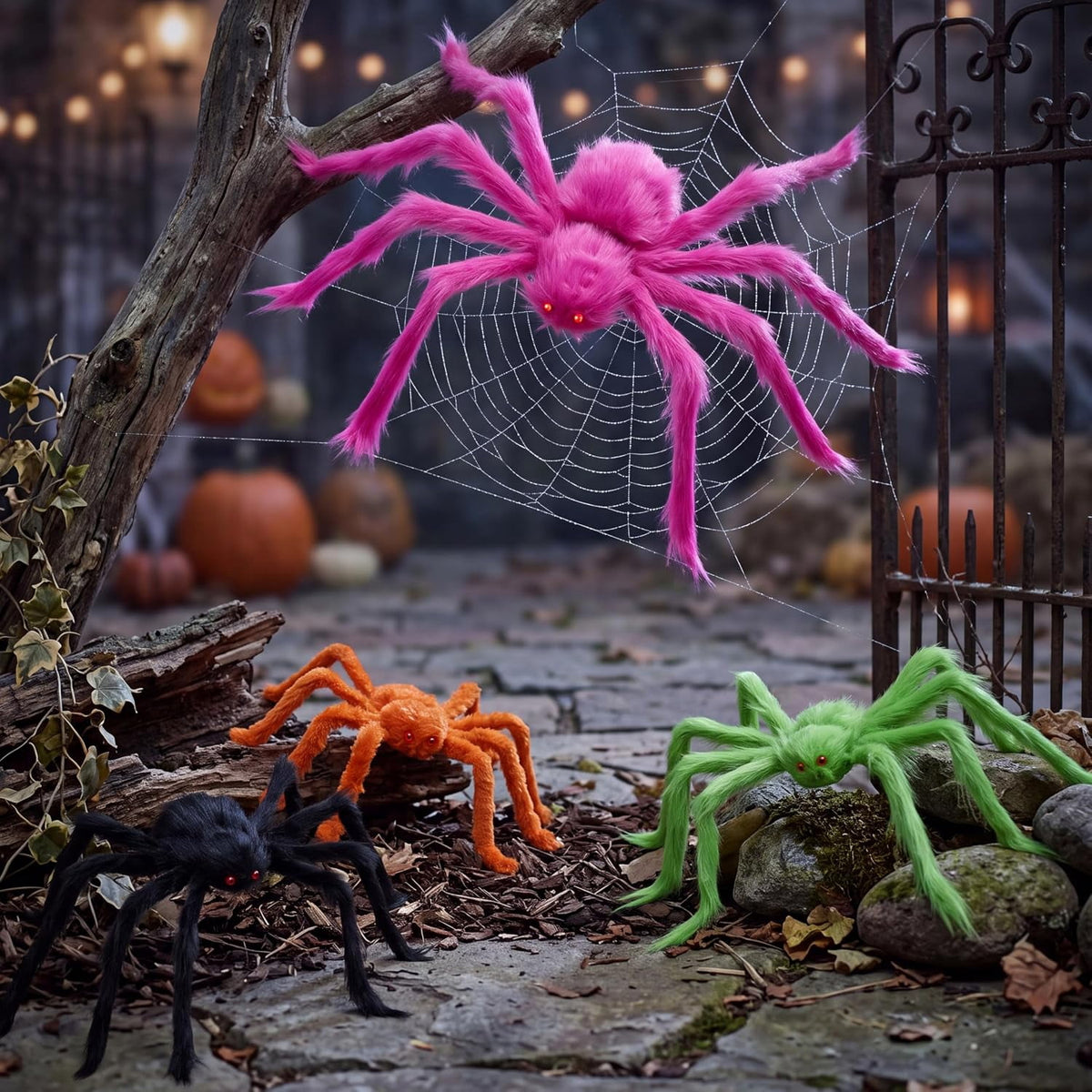 Joyfy 6 Packs Colorful Hairy Giant Spiders Halloween Decorations Outdoor,Multi-Size Outdoor Halloween Spider Decorations for Yard Lawn & Patio (30", 30", 20", 20", 12", 12")