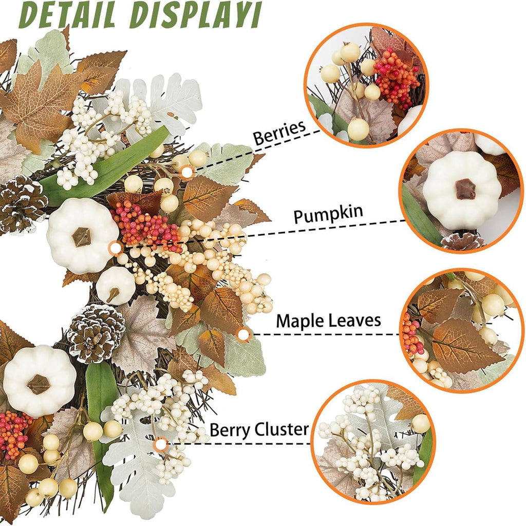 Autumn Wreath 14 Inch Fall Decor for Home Front Door with Artificial Maple Leaf Pumpkin Berry Pinecone Harvest Thanksgiving Halloween Farmhouse Seasonal Decorations Indoor Outdoor,