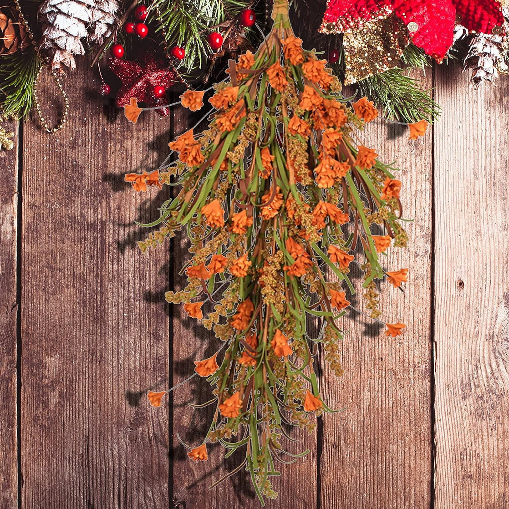 Fall Harvest Teardrop Swag, 25.2In Artificial Fall Wheat Ears Swag, Hanging Simulation Flower Teardrop for Front Door Decor Thanksgiving Christmas Halloween Wall Decor