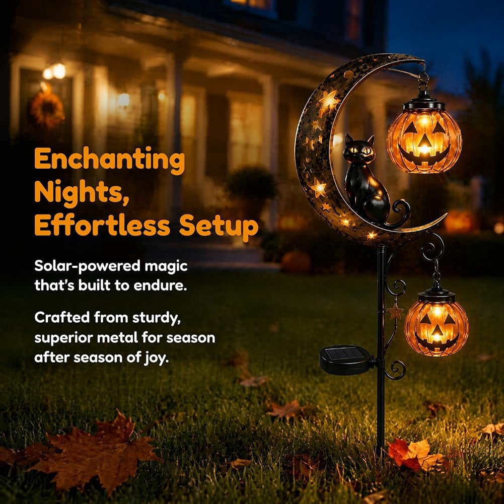 Clearance Halloween Solar Black Cat & Pumpkin Moon Garden Stake Light, Outdoor Waterproof LED Yard Decoration with Crescent Moon, Hanging Jack-o'-Lantern Lantern for Garden, Patio, Walkway, Porch