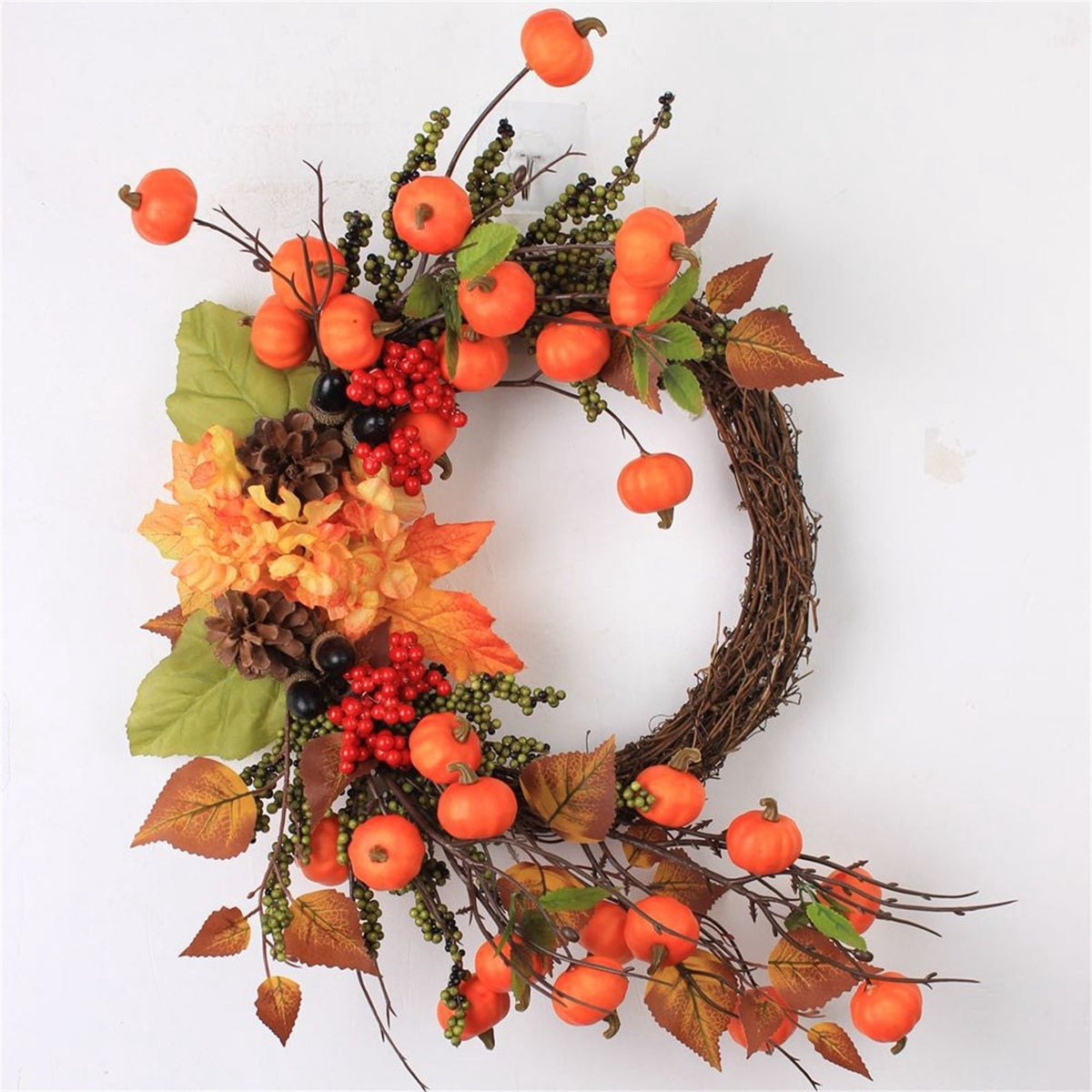 Autumn Wreath 14 Inch Fall Decor for Home Front Door with Artificial Maple Leaf Pumpkin Berry Pinecone Harvest Thanksgiving Halloween Farmhouse Seasonal Decorations Indoor Outdoor,