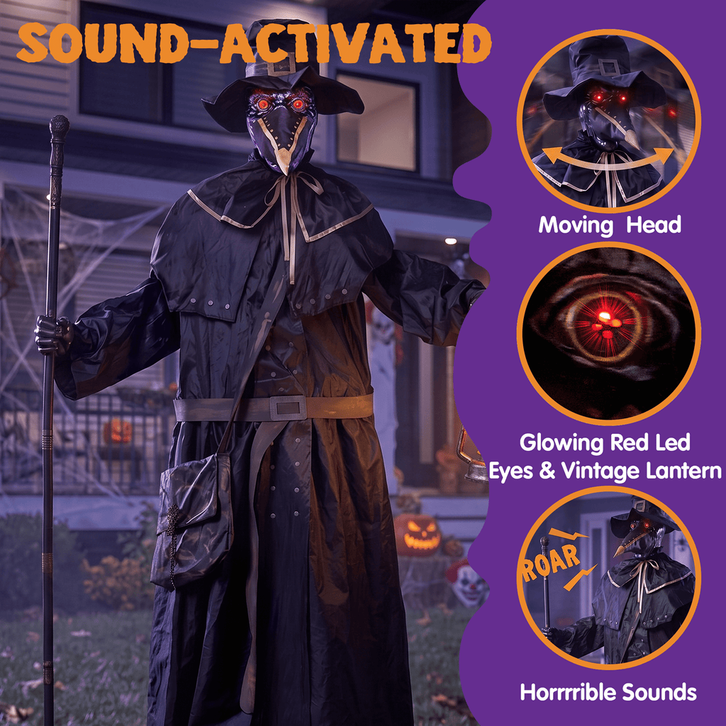 Joyfy 6.2 FT (74.8") Halloween Decoration Outdoor Animatronic Ghost Doctor, Sound Activated Life-Size Standing Ghost with Rotating Head, LED Eyes & Lantern, for Scary Haunted House,Yard Decor