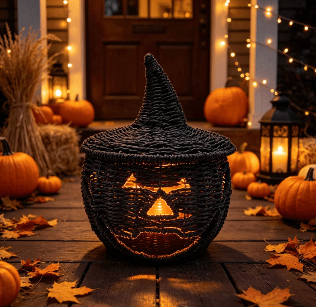 THOPBPRK 2026 Black Halloween Woven Pumpkin Jack-O'-Lantern, Halloween Decorations Pumpkin, USE LED Candle, Rattan Fall Halloween Decor for Home, 1Pack 11.8 Inch A