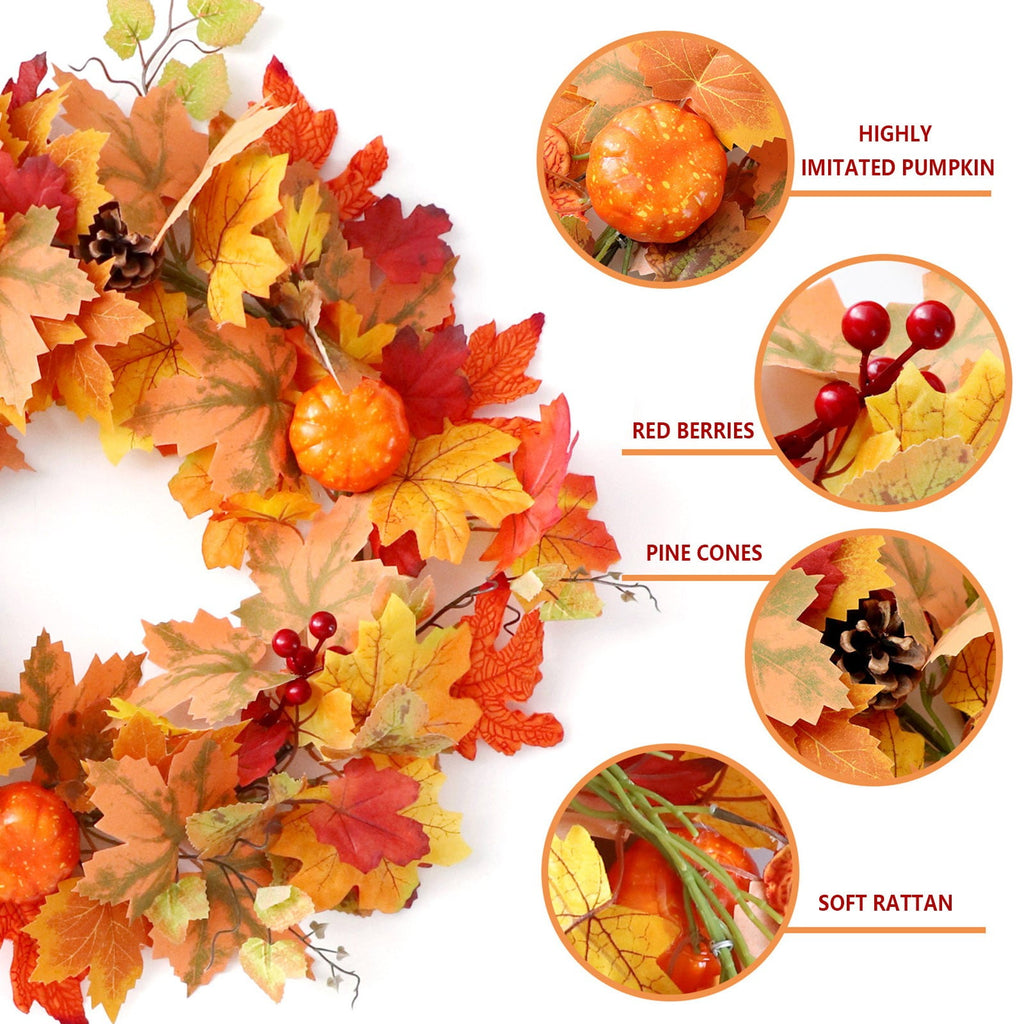 Wadada 20 Inch Fall Wreath Front Door Thanksgiving Wreath Autumn Harvest Wreath Artificial Farmhouse Wreaths Indoor Outdoor Halloween Decoration with Pumpkins Berry Maple Leaf Cone for Home Decor