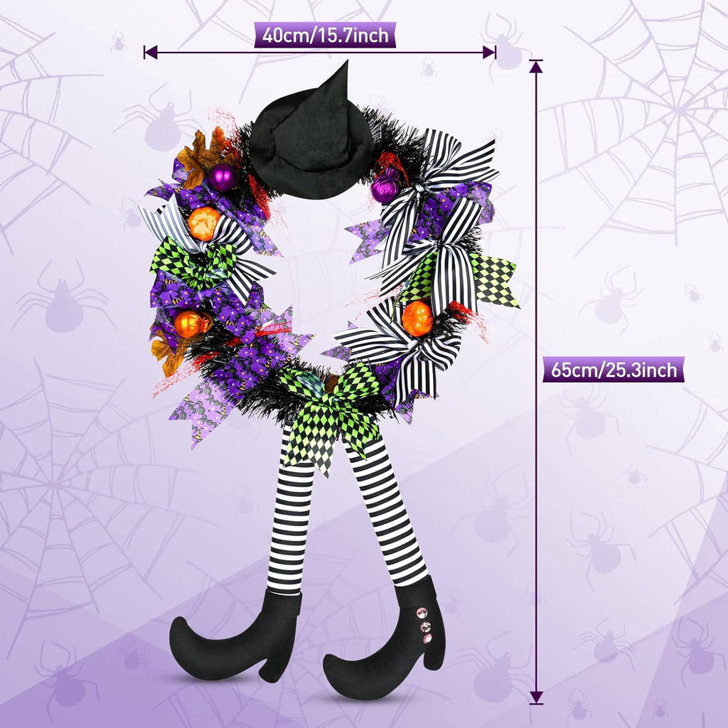 Halloween Wreath, 24Inch Halloween Wreaths for Front Door, Halloween Door Wreath with Hat Witches Legs and Pumpkin, Halloween Decorations for Front Door,Window,Indoor