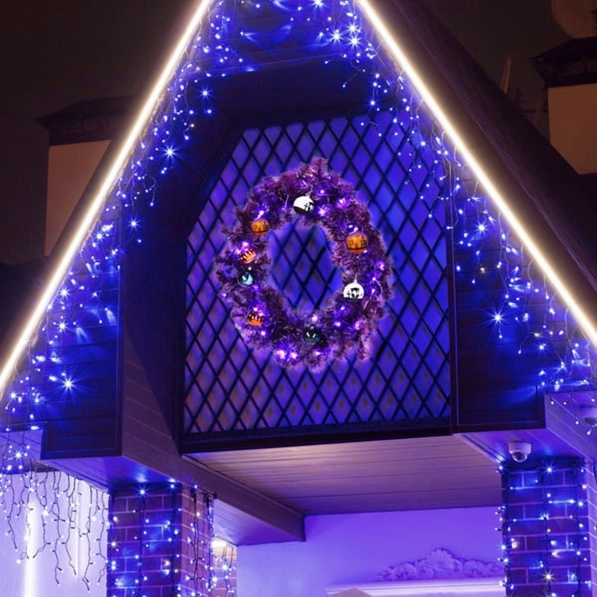 24" Halloween-Themed Christmas Wreath - Purple Pre-Lit Wreath with 50 Purple/Orange LEDs, 100 PVC Tips, DIY Ornament Pack for Indoor/Outdoor Decor