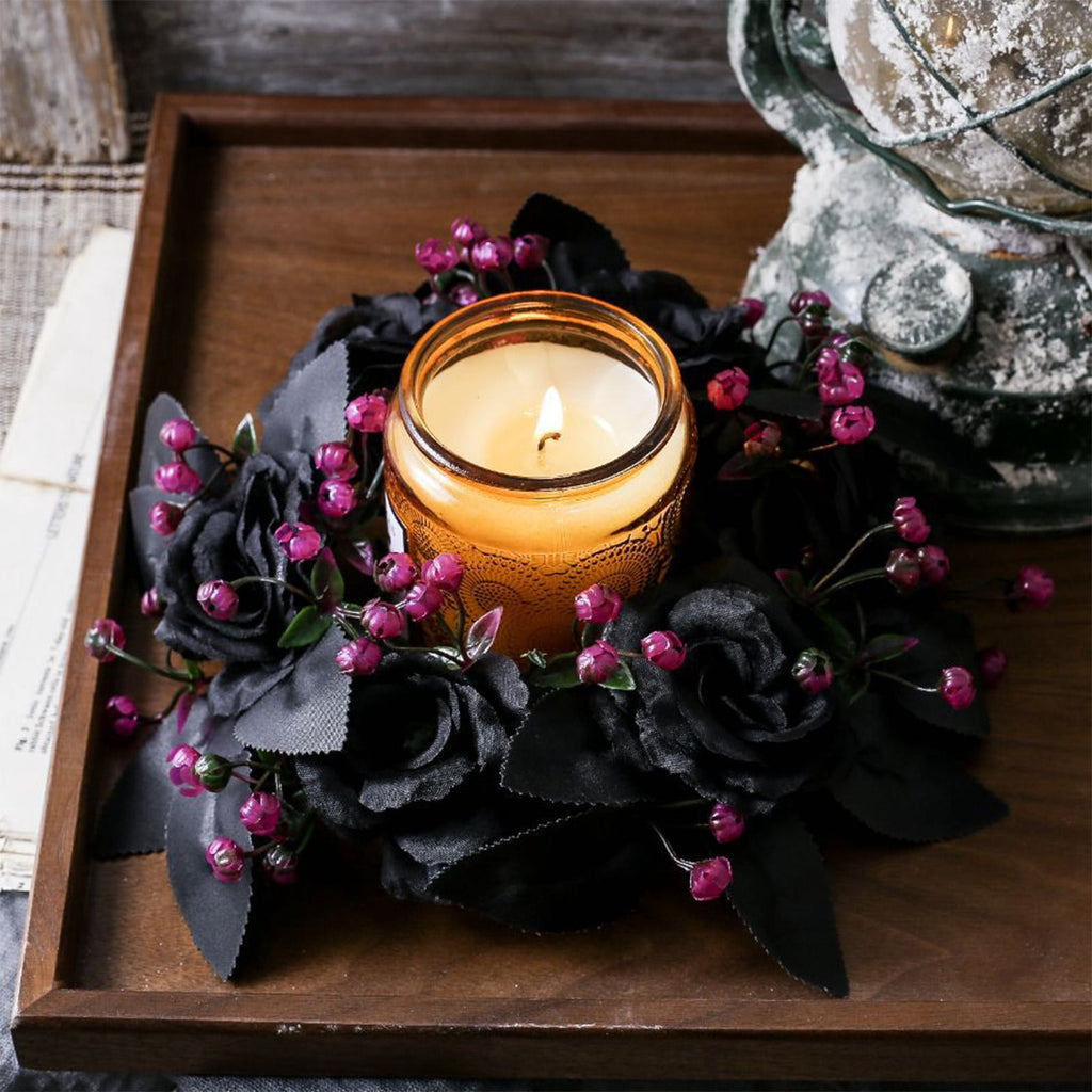 HHBEAUTY Artificial Purple Rose Halloween Candle Rings Wreaths 9.8 Inch Gothic Floral Eucalyptus Leaves Candle Ring Holder Halloween Wedding Party Centerpiece Table Decorations Home Decor