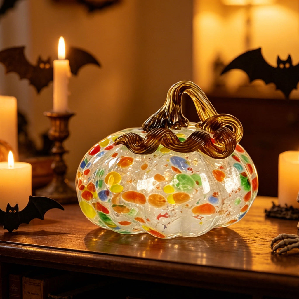 Fall Decor Halloween Pumpkin Decorations Hand Blown Glass Pumpkin Figurine Colorful Speckled Art Glass Pumpkin with Twisted Stem Tabletop Centerpiece for Home Desk Mantel