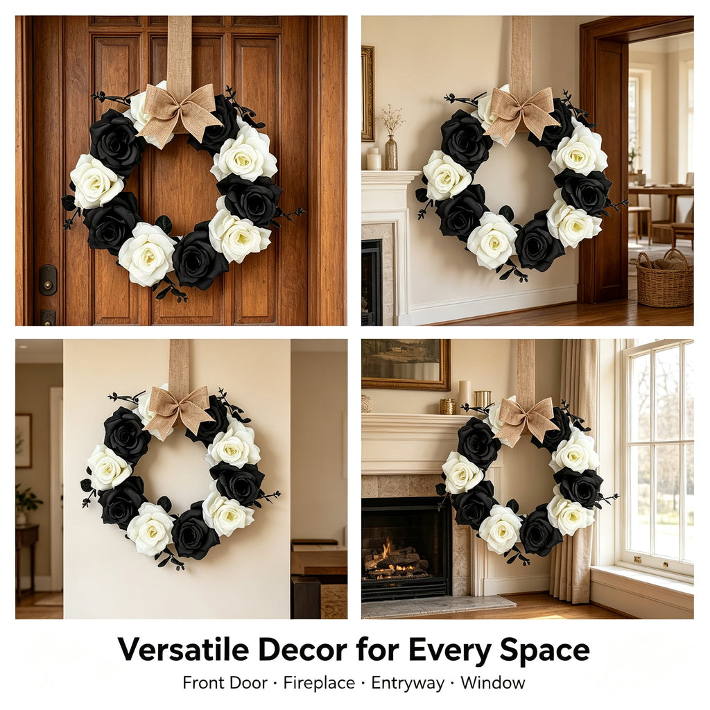 Halloween Rose Wreath, 11.81 Inch Black & White Artificial Flower Wreath with Burlap Bow, Gothic Front Door Wall Hanging Decor for Fall Autumn Home, (1PC)