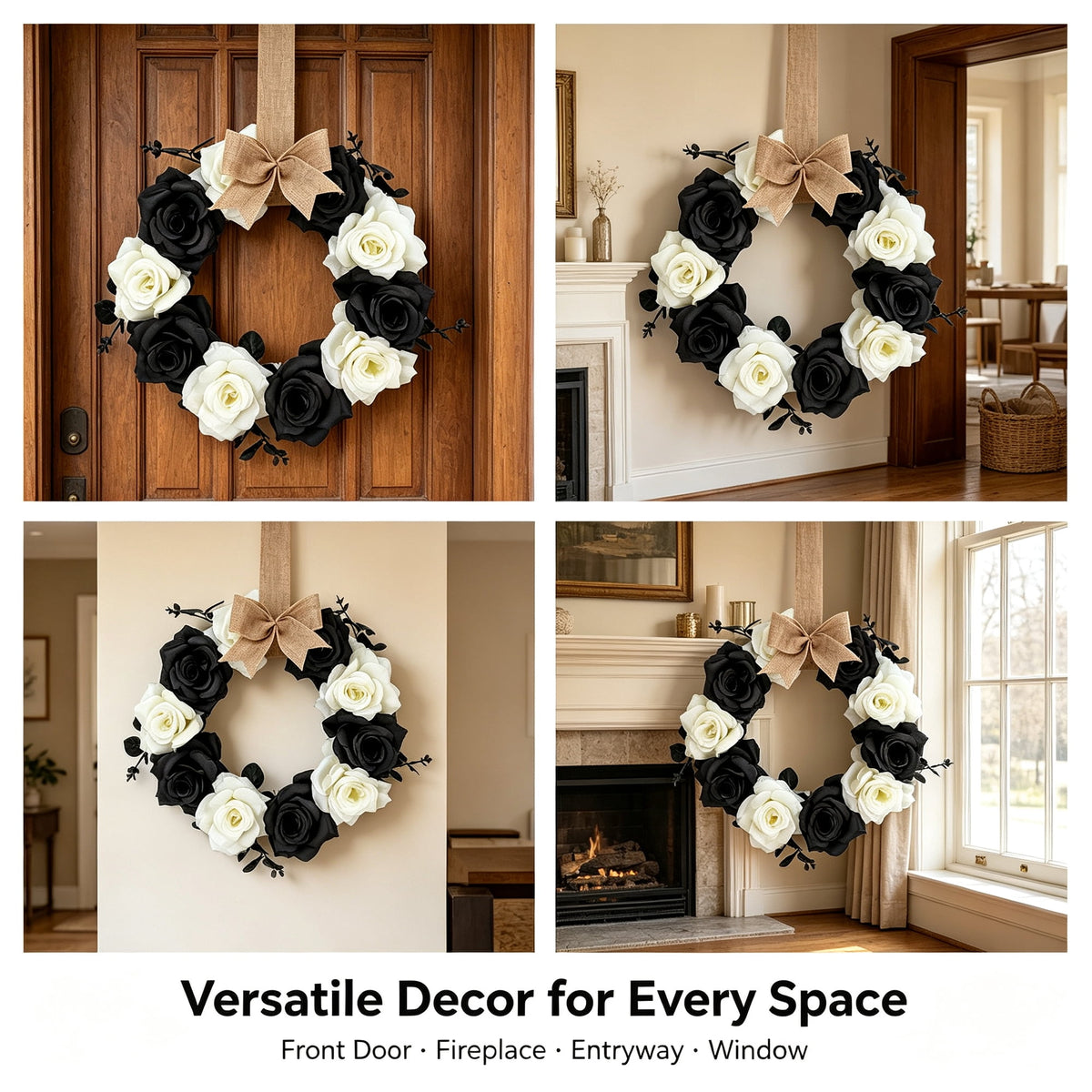 Halloween Rose Wreath, 11.81 Inch Black & White Artificial Flower Wreath with Burlap Bow, Gothic Front Door Wall Hanging Decor for Fall Autumn Home, (1PC)