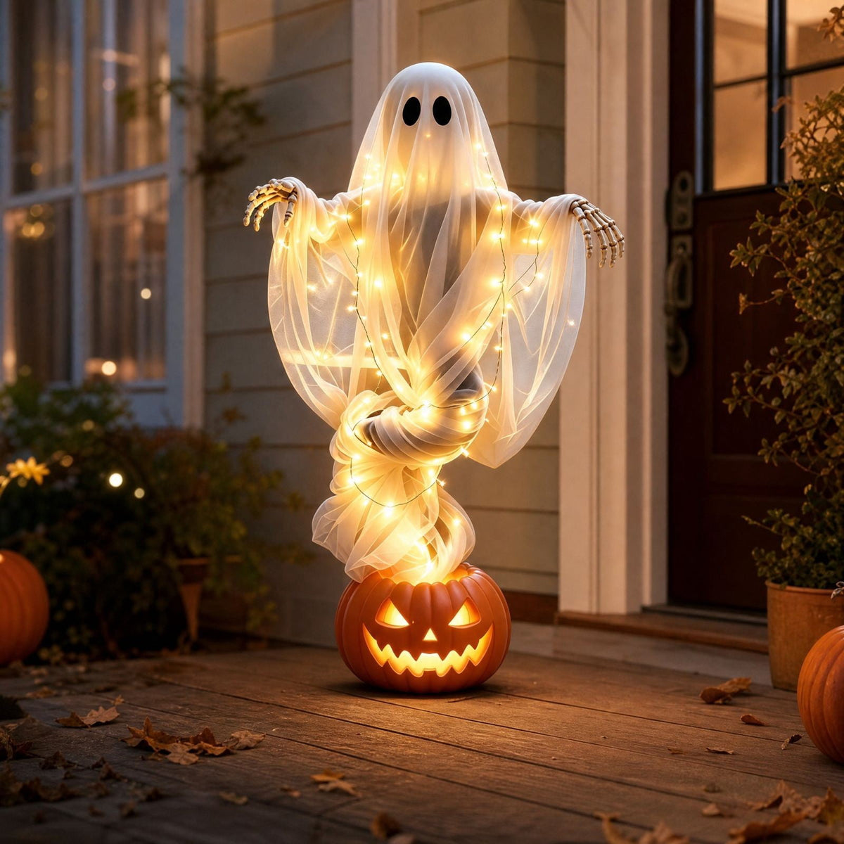 Elainilye Swirling Ghost Pumpkin Yard Lamp, Lighted Spooky Ghost Statue, Warm LED Halloween Decorations Indoor Outdoor, Fall Autumn Garden Ornament for Halloween Party Decoration