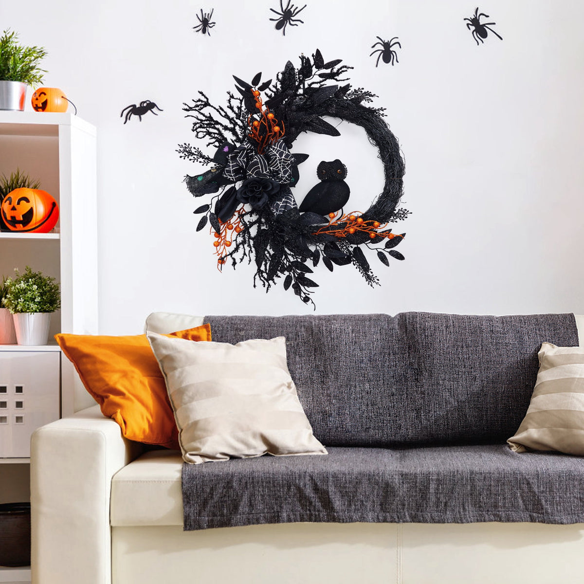 Festisoul 20'' Halloween Wreath for Front Door, Halloween Owl Wreath with Natural Vines and Artificial Roses, Spooky Halloween Props Decoration for Fireplace