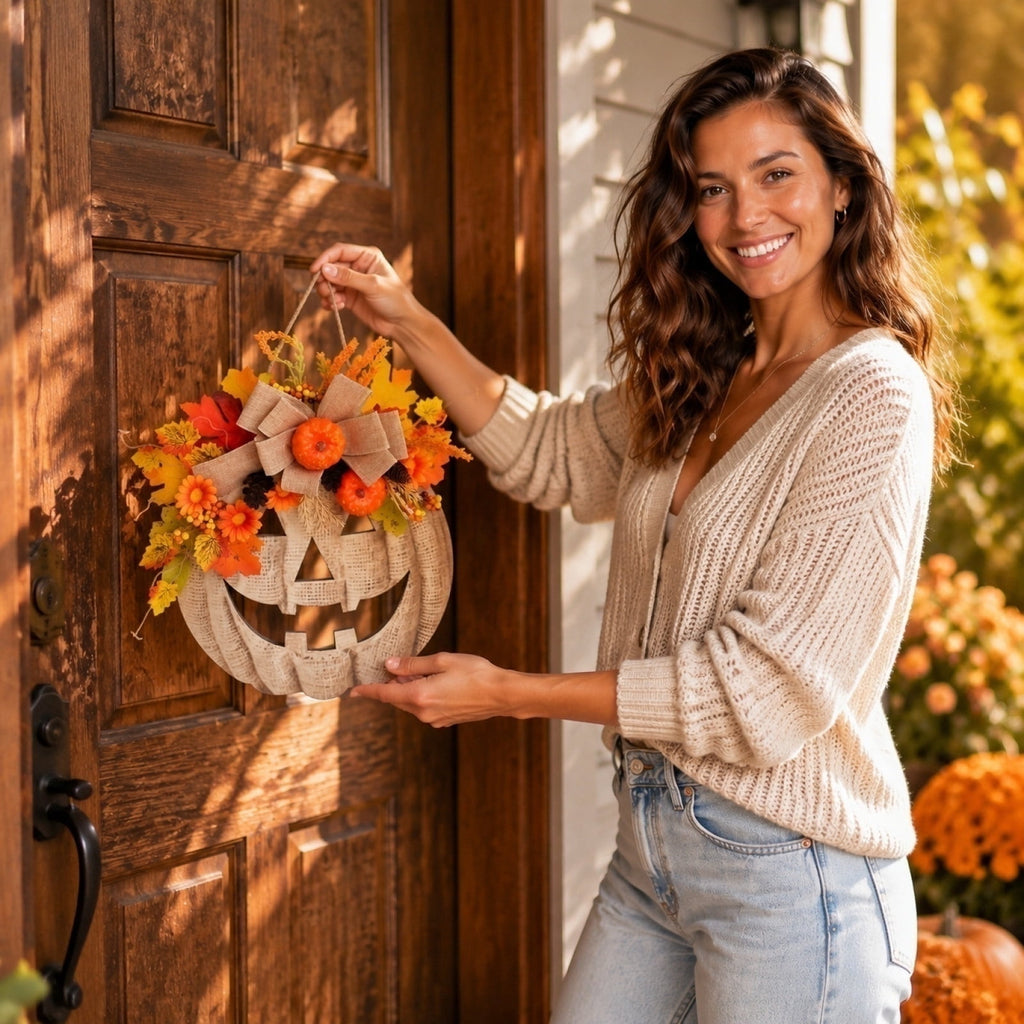 Autumn Pumpkin Door Hanger, Simulated Flower Wooden Pumpkin Wreath Seasonal Farmhouse Wall Decoration Reusable Festive Accent, Fall Thanksgiving Halloween Decor for Front Door Porch Window Mantel