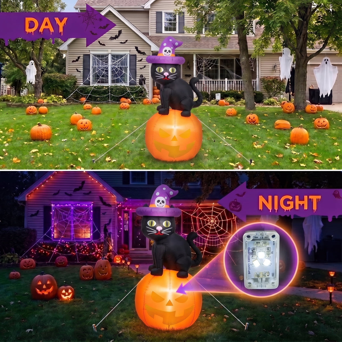 Glazina 6 FT Halloween Inflatable Skeleton on Pumpkin with Witch Hat, Built-In LED Lights, Outdoor Halloween Blow Up Yard Decoration