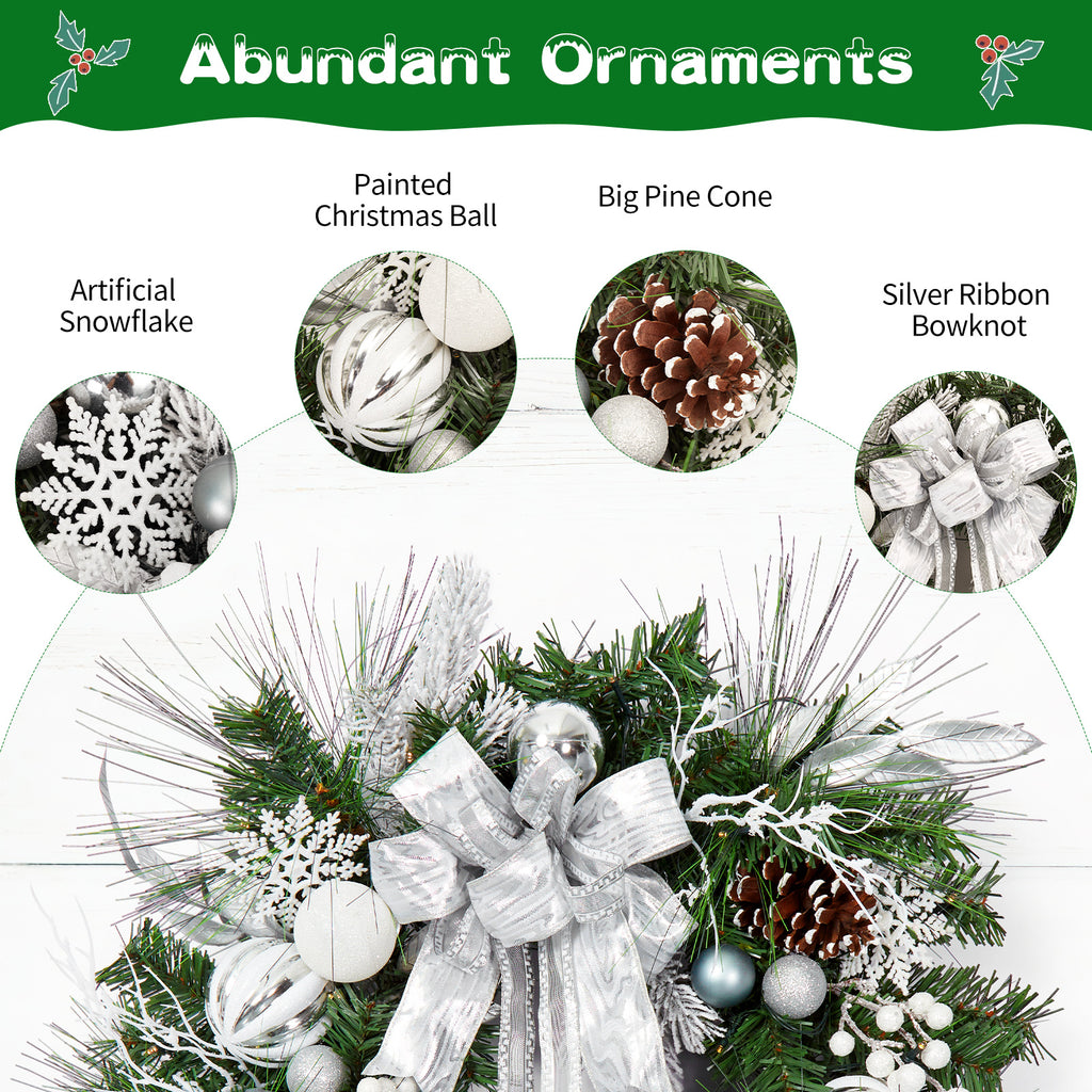 JoanKaren 24 inch Large Christmas Wreath Silver White with 20 LED Lights,Prelit Xmas Wreath w/ Ball Ornaments Pine Cone