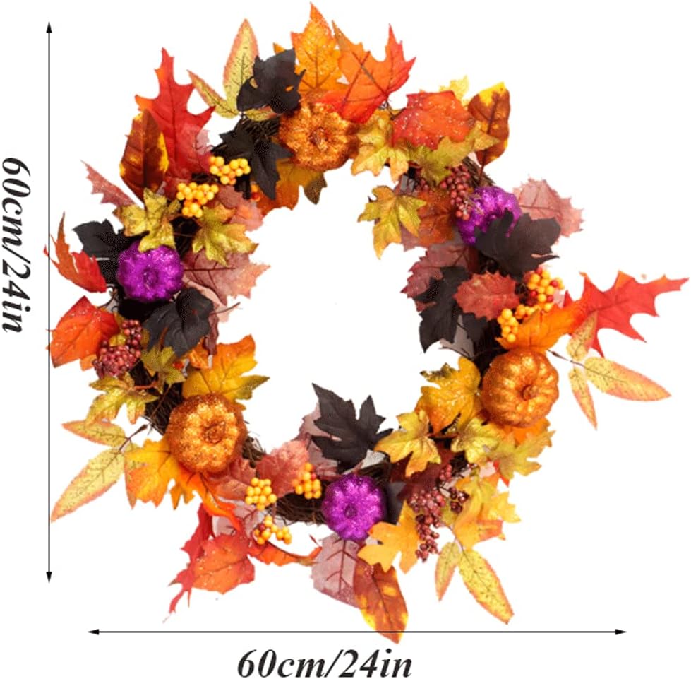 Autumn Wreaths for Front Door,18inch Artificial Fall Wreaths with Lights Pumpkin Pine Cones Berry Maple Leaves,Thanksgiving Halloween Harvest Festival Home Decoration for Indoor,Outdoor,Window,Garden