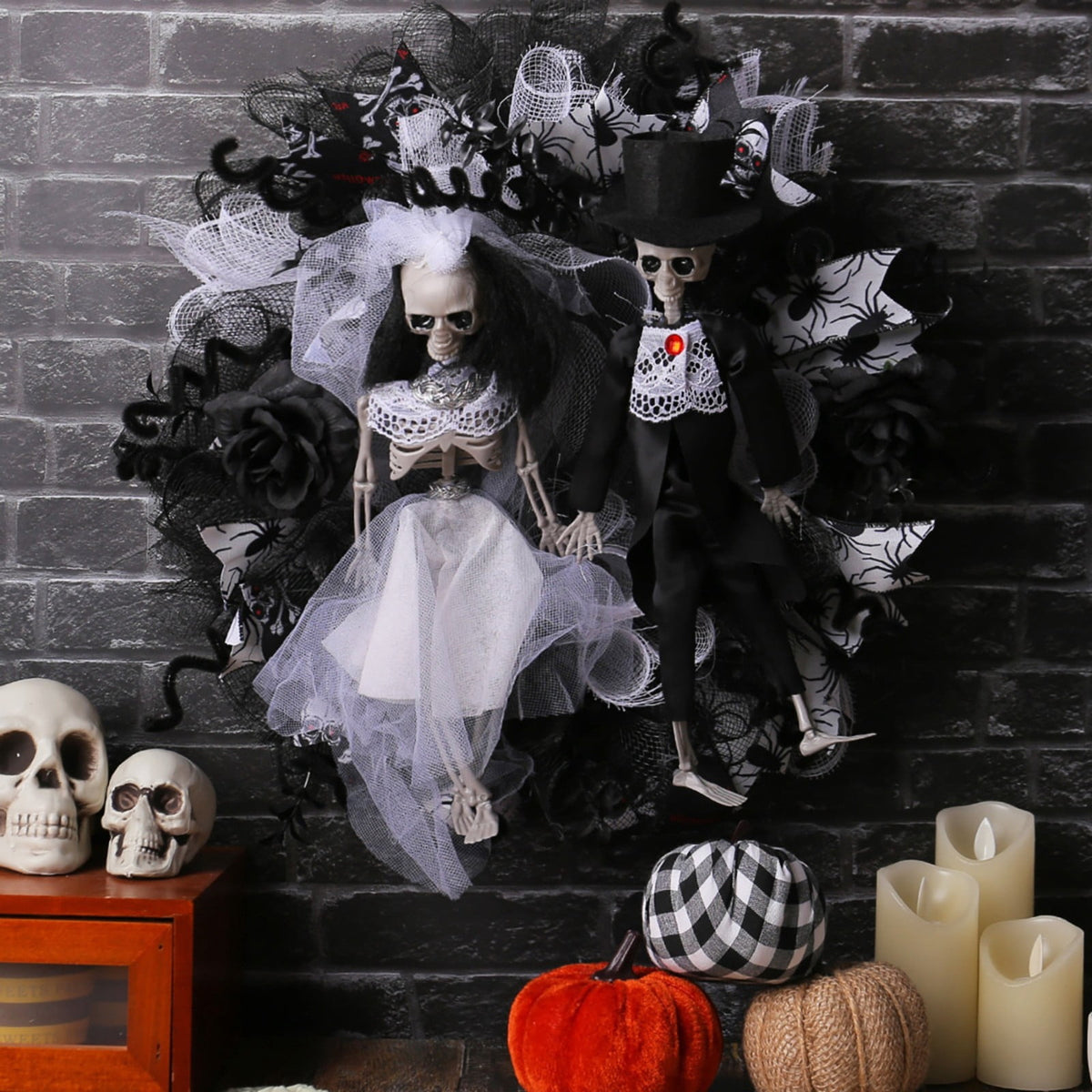 SWSUSN Halloween Creepy Wreath For Front Door 16 Inch Artificial Plastic Skeleton Bride And Groom Wreath Halloween Gothic Wreath Hanging Decoration For Home Party Halloween Front Porch Wreath